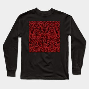 Black on Red Gothic Weird Medieval Lions, Cherubs, and Skulls Scrollwork Damask Long Sleeve T-Shirt